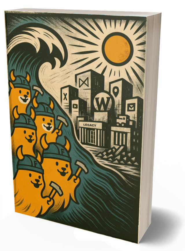 Illustration of the Book of WoF riding a wave of energy