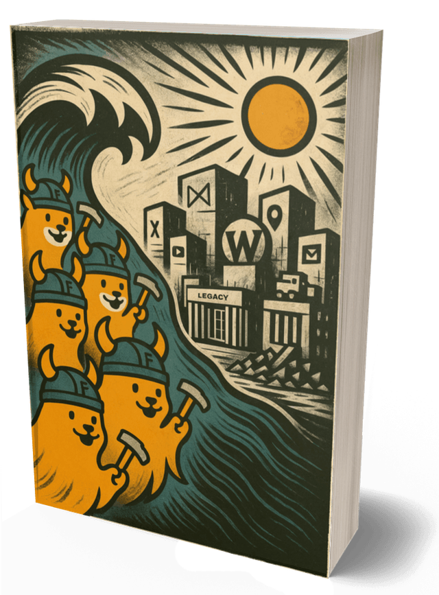 Illustration of the Book of WoF riding a wave of energy
